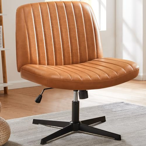 edx Criss Cross Chair,Armless Legged Office Desk Chair No Wheels, Leather Padded Wide Seat Modern Swivel Height Adjustable Mid Back Computer Task Vanity Chair for Home Office,Brown | Amazon (US)
