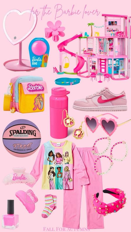 Barbie Gift guide for girls, preschool girls, little girls, elementary girls, Barbie lover, barbiecore, Barbie birthday, 5 year old, 6 year old, 7 year old, kindergarten, Barbie dream house, pink gifts, Nikes, friendship braces, eras, pink Brumate water bottle, led mirror,