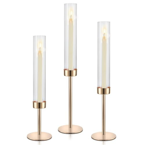 Gold Hurricane Candle Holders, Set of 3 Glass Taper Candlestick Holders Metal Candle Stands Bulk with Ribbed Glass Cover for Dining Tables Wedding Candelabra Centerpieces Decor | Amazon (US)