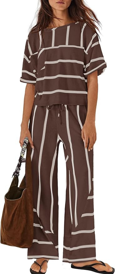 Nirovien Womens Striped Lounge Set 2 Piece Vacation Sets Short Sleeve Tops and Wide Leg Pants Tra... | Amazon (US)