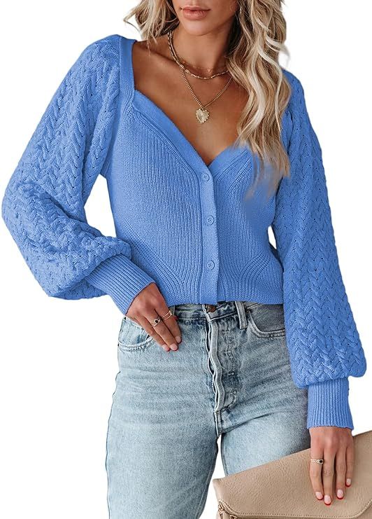 MARZXIN Women’s Cable Knit Cardigan Sweaters Long Sleeve V Neck Y2K Fall Button Down Cropped Ca... | Amazon (US)