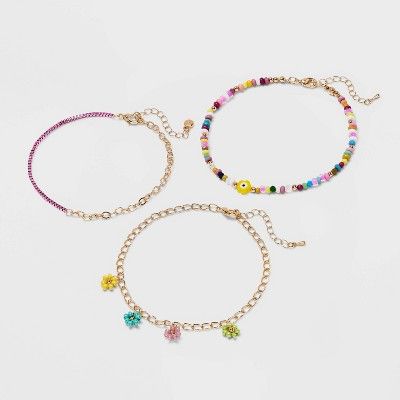 Bead and Flower Cubic Zirconia Chain Anklet Set 3pc - Wild Fable™ Metallic Gold | Target