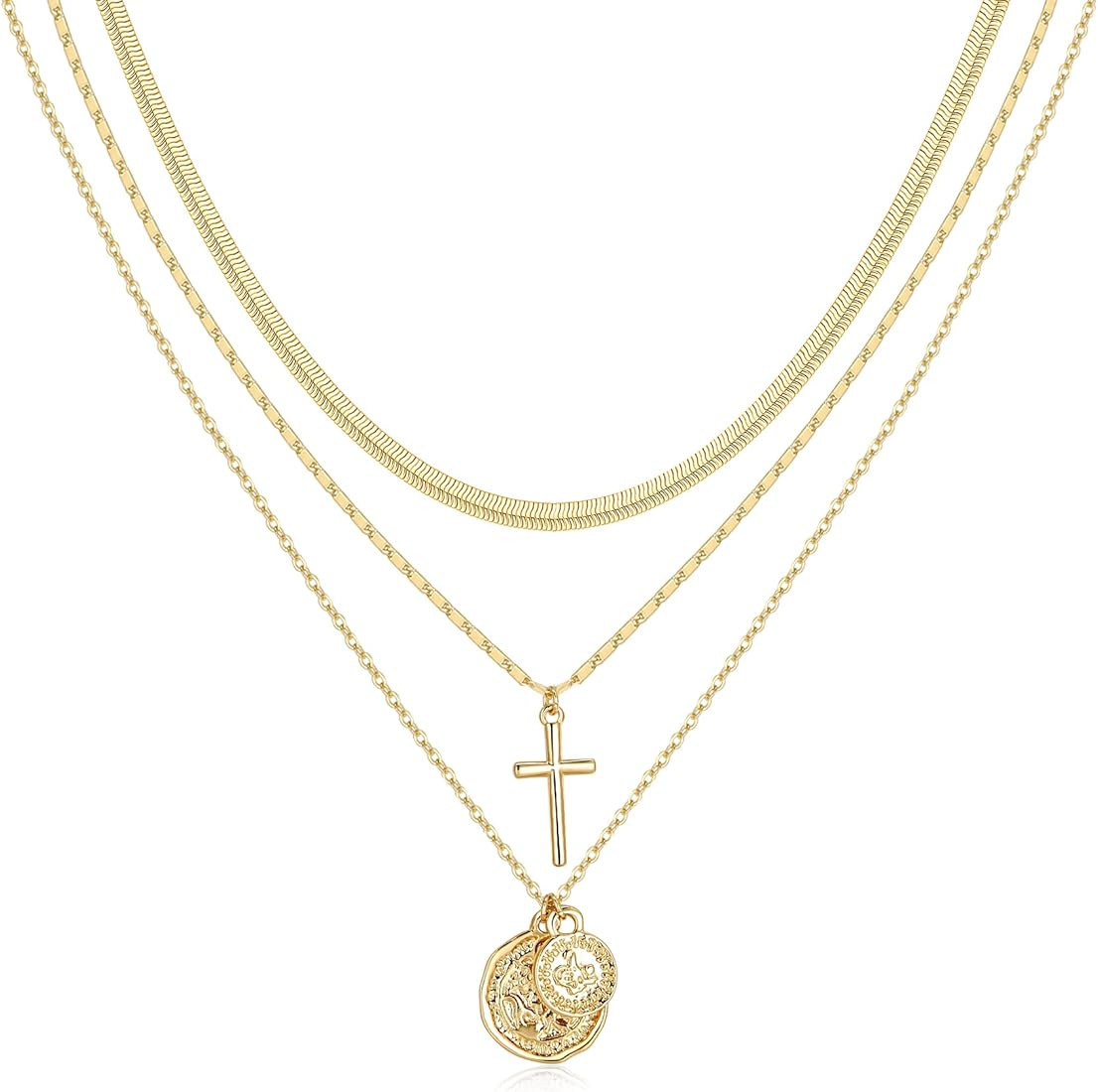 NUZON 3 Layering Necklace for Women 14K Gold Plated Paper Clip Chain Layered Choker Lock Coin Pen... | Amazon (US)