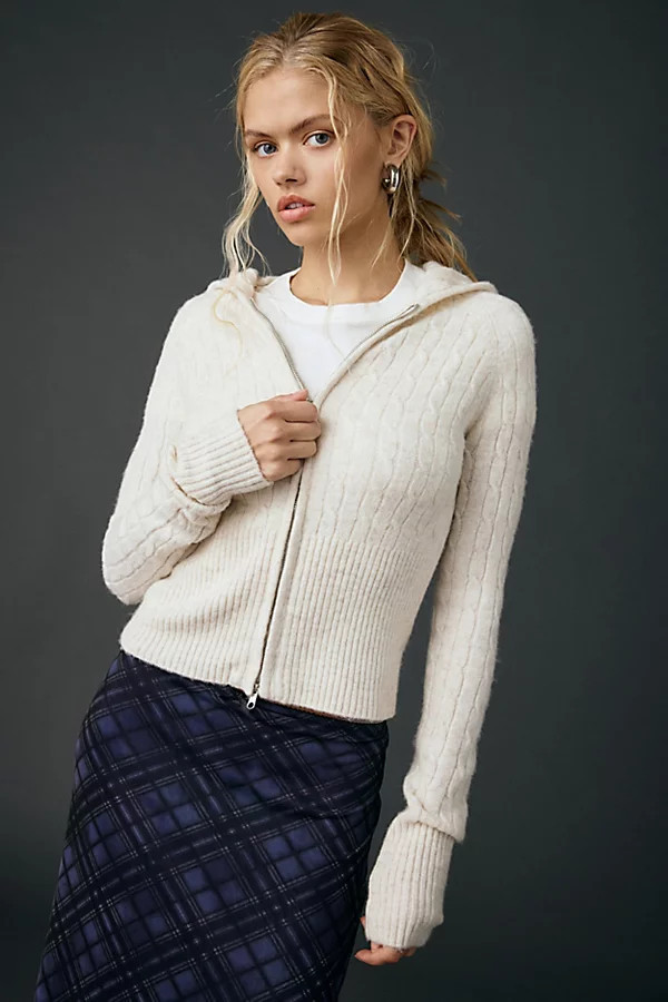 BDG Monet Cable Knit Zip-Up Hoodie Sweatshirt in Ivory, Women's at Urban Outfitters | Urban Outfitters (US and RoW)