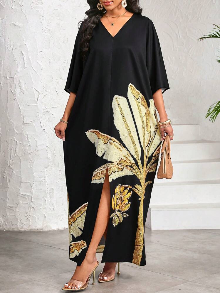 SHEIN Lady Women's V Neck Burqa Loose Dress Casual Resort Print Long Dress | SHEIN