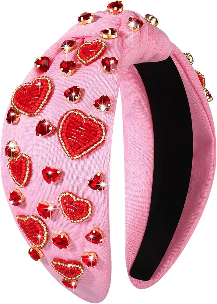 boderier Valentines Day Headband Red Heart Headband Jeweled Crystal Embellished Knotted Headband ... | Amazon (US)