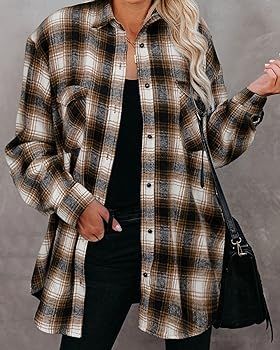 BTFBM Women Corduroy Shacket Jacket 2023 Long Sleeve Button Down Casual Plaid Flannel Shirts Boyf... | Amazon (US)