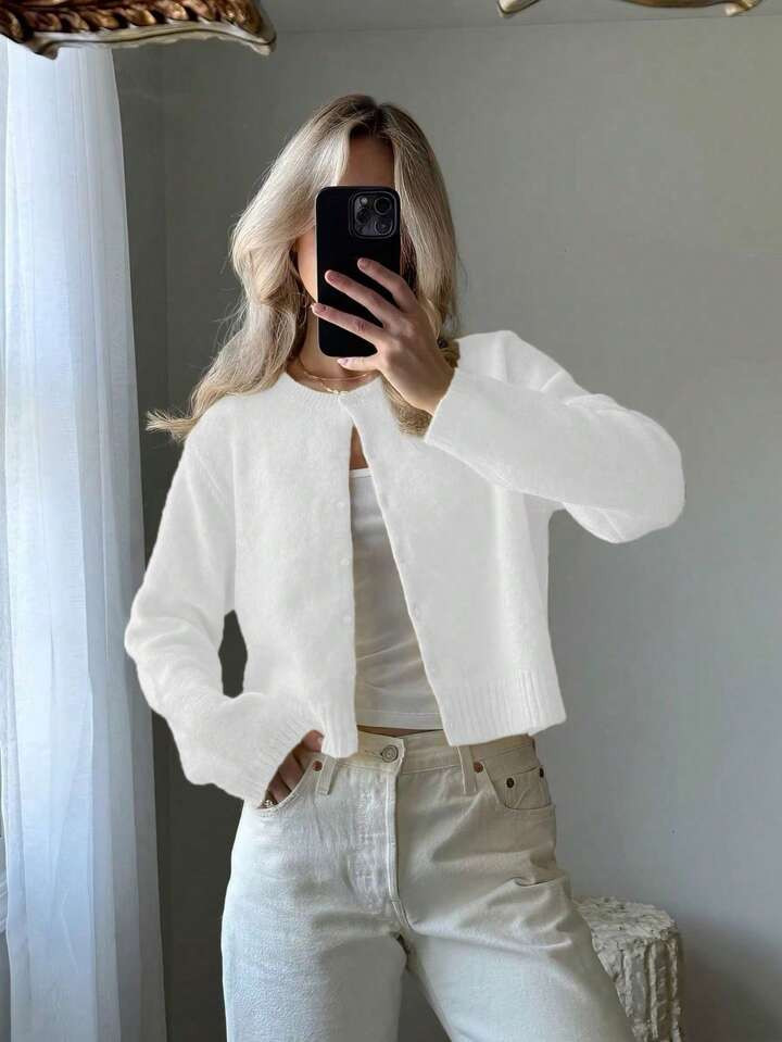 Women Simple Solid Color Crew Neck Button Front Long Sleeve Knitted Cardigan | SHEIN