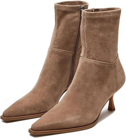 Womens Brown Suede Fall Boots Side Zip Ankle Boots Pointed Toe Mid Calf Boots Kitten Heel Boots D... | Amazon (US)