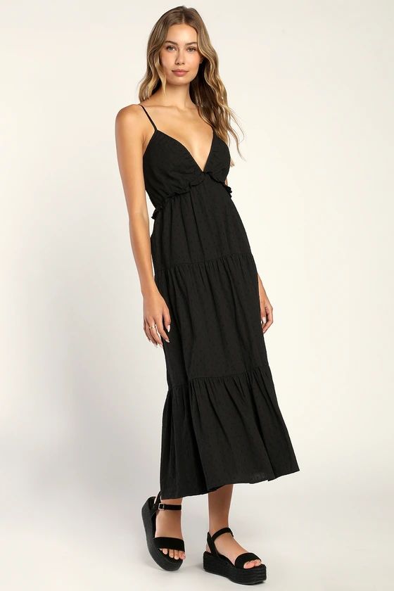 Never Looked Cuter Black Swiss Dot Tiered Midi Dress | Lulus (US)