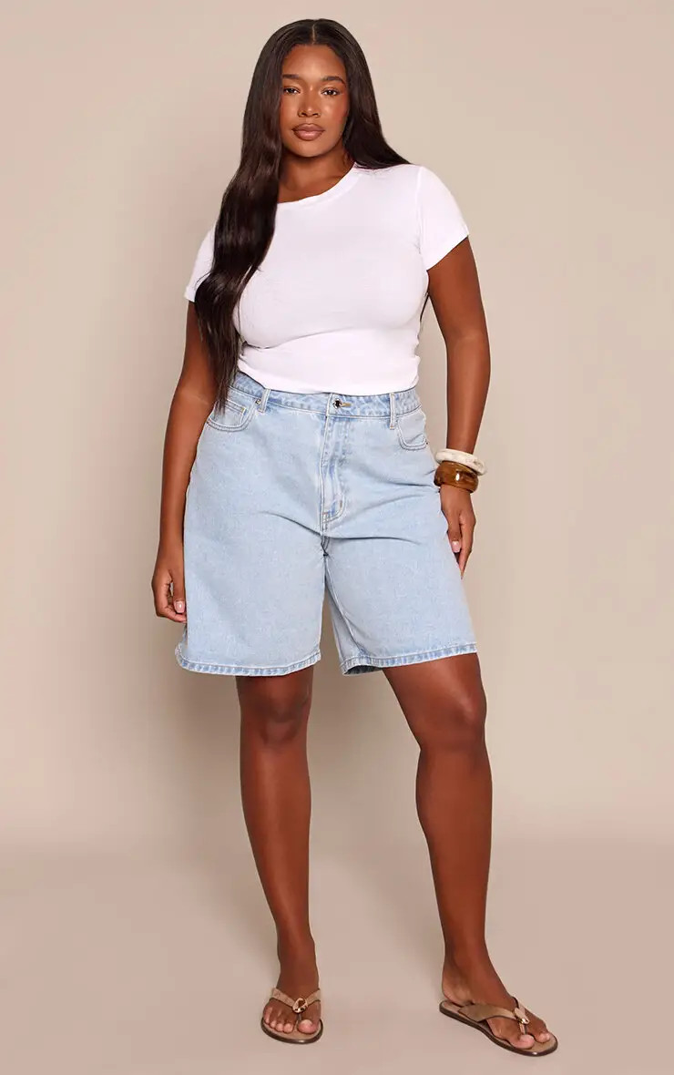 Light Blue Wash Plus Light Blue Wash Rise Bermuda Denim Shorts | PrettyLittleThing USA | PrettyLittleThing US