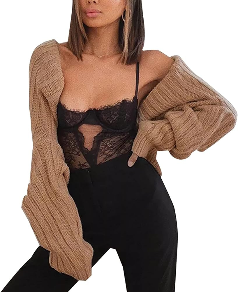 Women Y2K Open Front Rib Knit Shrug Crop Cardigan Solid Drop Shoulder Puff Long Sleeve Sweater To... | Amazon (US)