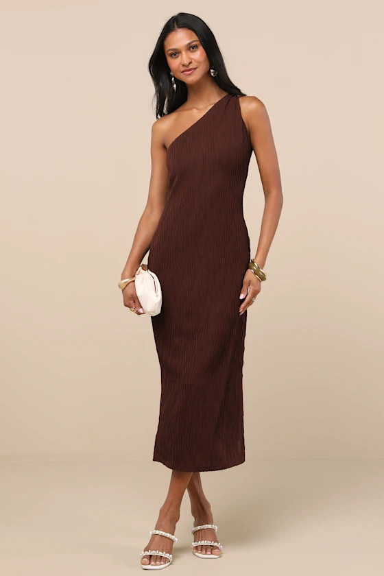 Aristea Brown Textured One-Shoulder Midi Dress | Lulus