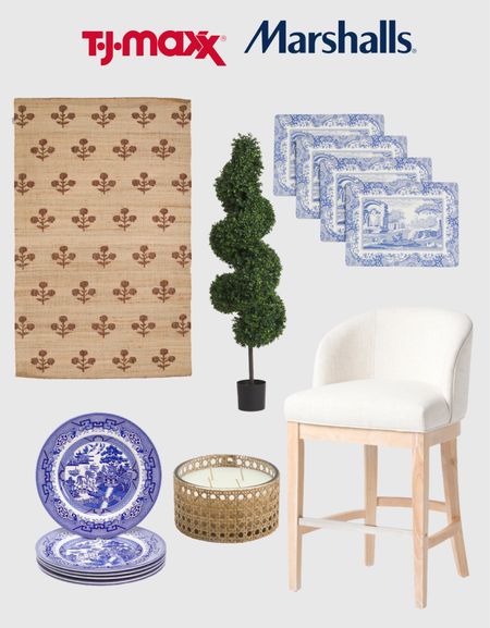 Spiral boxer rod tree, English plate set, skin linen counter stool, wicker candle, wool and jute hand woven rug 

#LTKstyletip #LTKFind #LTKhome