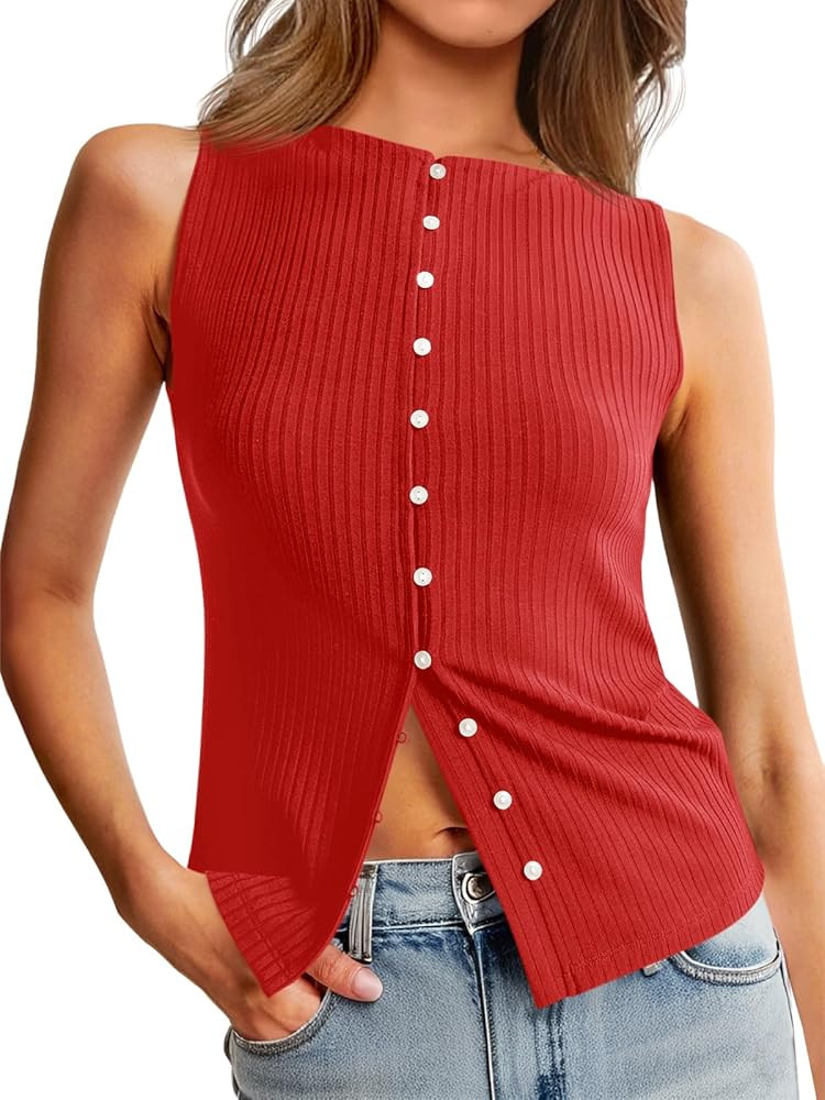 Tankaneo Womens Button Down Ribbed Tank Tops Cropped Cute Y2k Vest Tops Summer Going Out Outfits | Amazon (US)