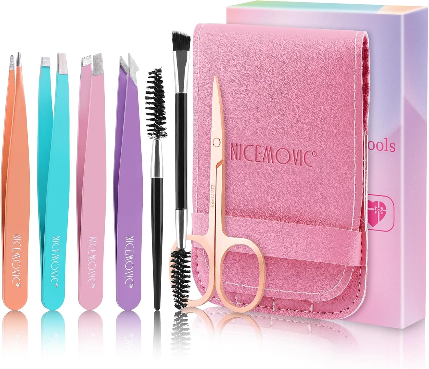 NICEMOVIC 7 Pcs Tweezers Set for Eyebrow, Stocking Stuffers for Teen Girls Women Adults, Tweezers Kit for Women Facial Hair with Scissor & Brush, Christmas Gifts for Women Teens Girls Beauty Gifts | Amazon (US)