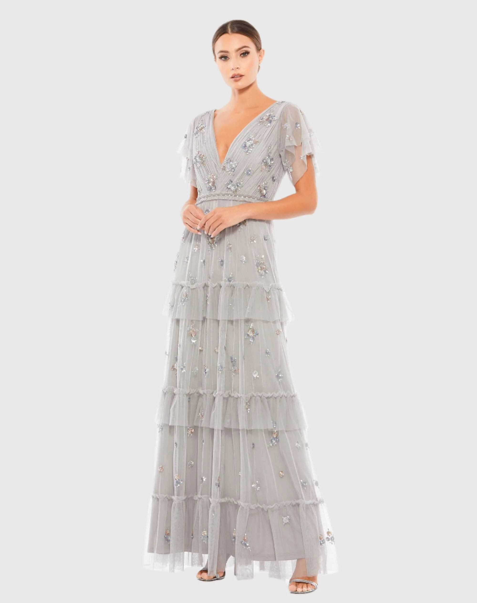 Ruffle Tiered Embellished Flutter Sleeve Gown | Mac Duggal