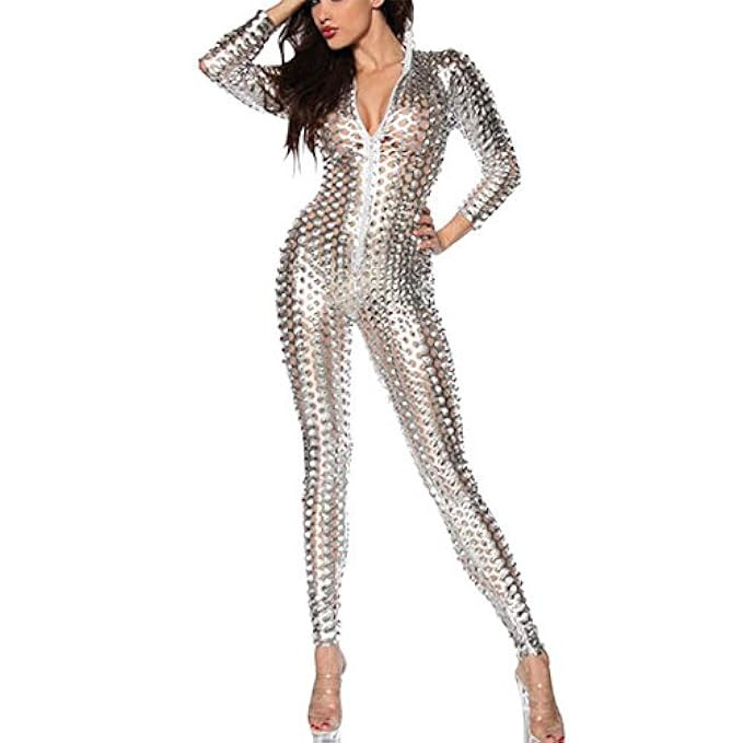 167 - Intricately Crafted Cut Out Snake Pierced Bodysuit Catsuit Black Gold Silver | Amazon (US)