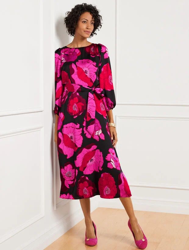 Satin Fit & Flare Dress - Blooming Floral | Talbots