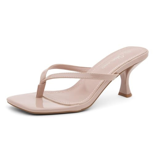Shoe Land Kitten Heels for Women, Square Open Toe Thong Sandals, Slip On Heeled Sandals, Flip Flop Style, Dressy Summer Heels for Party Date Night, 2401Nude, Size 7.5, Benni | Amazon (US)