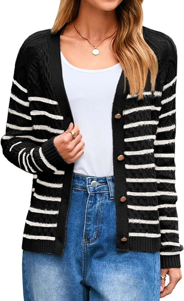 Glamaker Womens Striped Cardigan Sweaters Long Sleeve Button Open Front Knit Cardigans Lightweigh... | Amazon (US)