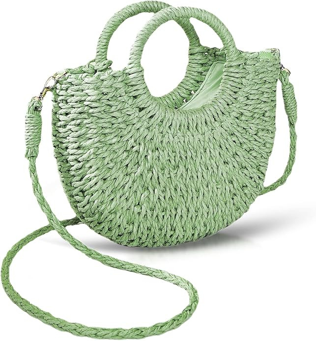 Mini Semi-circle Rattan Straw Bag, Hand-woven Women Summer Retro Beach Tote Shoulder Bag Crossbod... | Amazon (US)