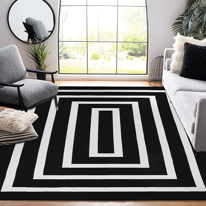 Lanffia Black and White Area Rug 6x9ft Contrasting Geometric Modern Stripe Symmetrical Indoor Out... | Amazon (US)