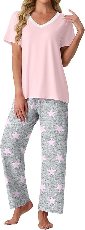 PrinStory Pajamas for Women Set Soft Pjs 2 Piece Pajama Sets Casual Pj Short Sleeve Lounge set wi... | Amazon (US)