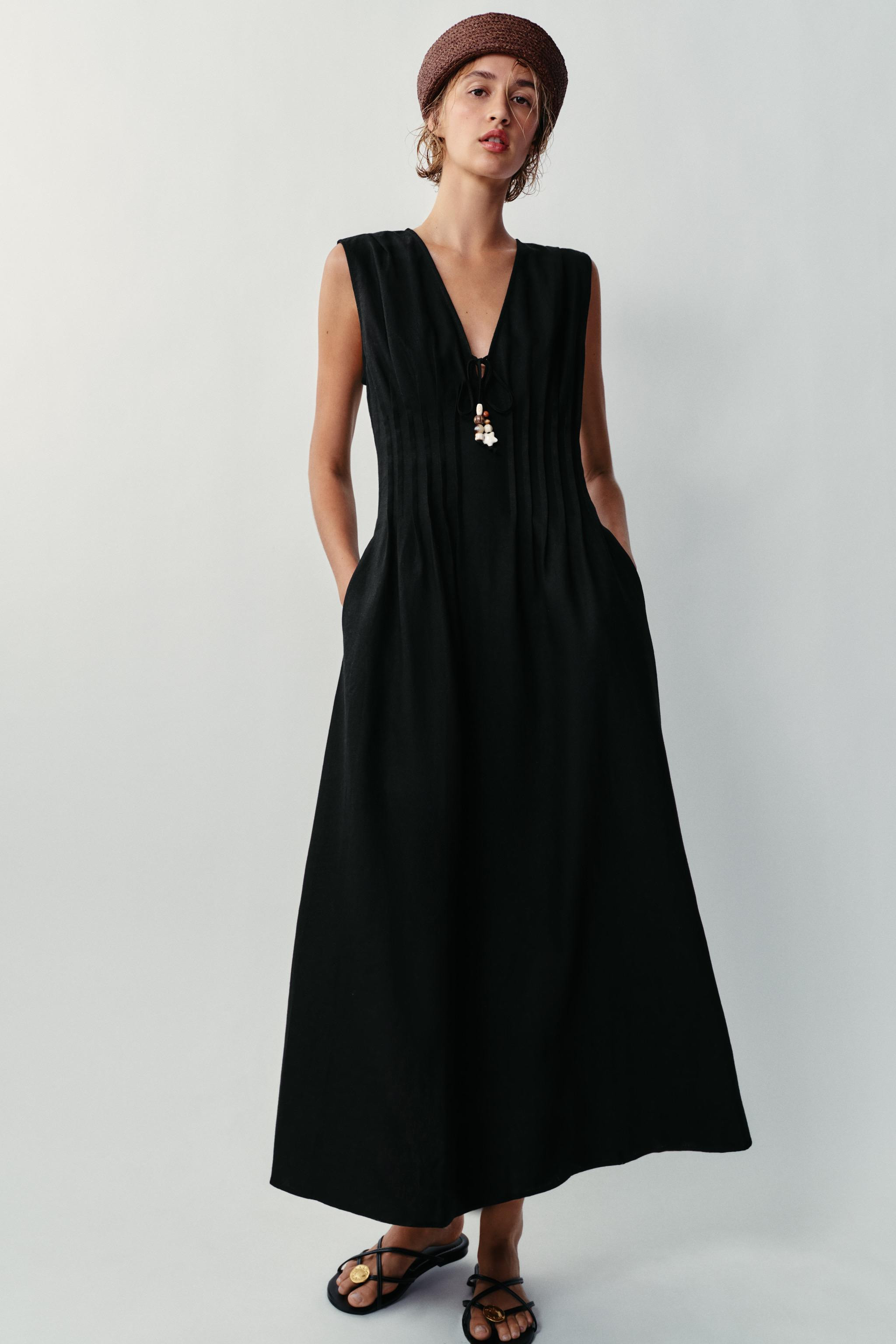LINEN PINTUCK MIDI DRESS | Zara Canada