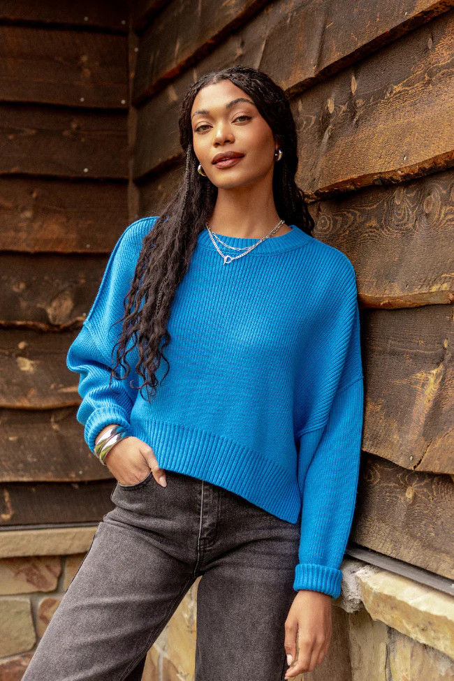 Beatrice Ocean Blue Long Sleeve Sweater | Pink Lily