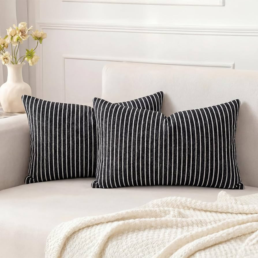 Striped Textured Chenille Lumbar Pillow Covers 20x12 Set of 2, Soft Double-Sided Decorative Throw... | Amazon (US)