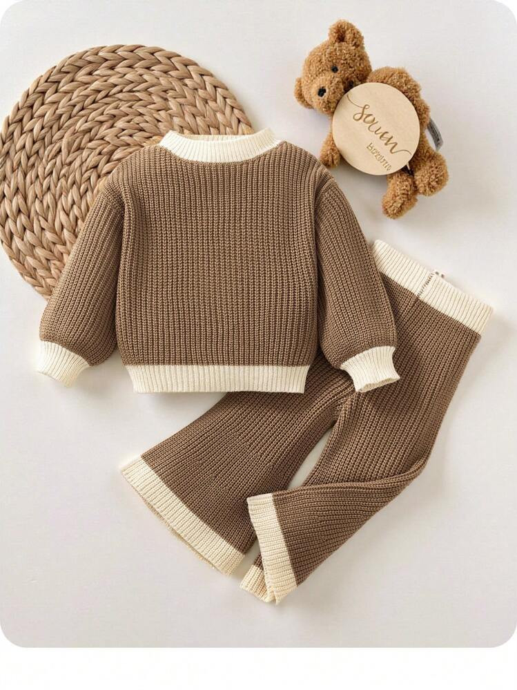 SHEIN 2pcs Baby Girls Colorblock Knit Sweater Top And Elastic Waist Loose Knit Pants Set, Autumn ... | SHEIN