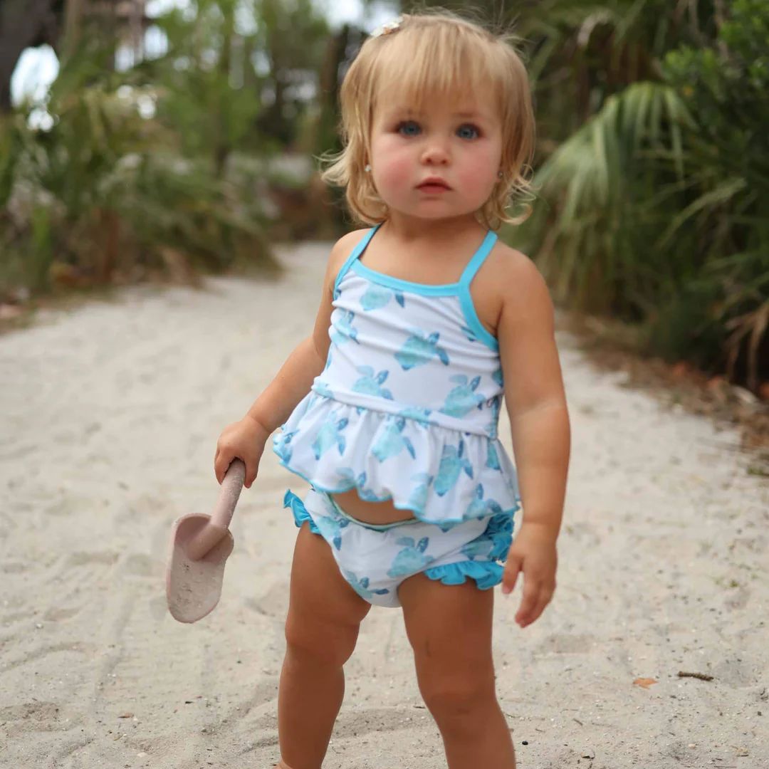 Two Piece Strappy Tankini with Ruffle Bottom | Tropical Turtles | Caden Lane