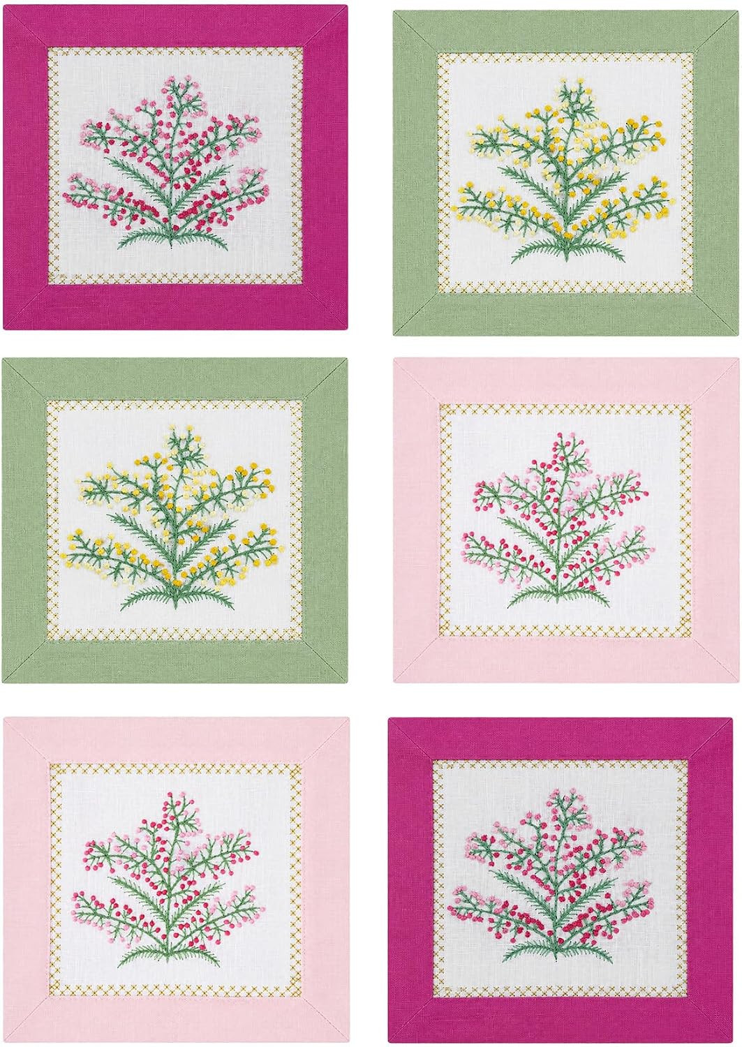 Embroidered Cocktail Napkins Set of 6, Pink & Green | Amazon (US)