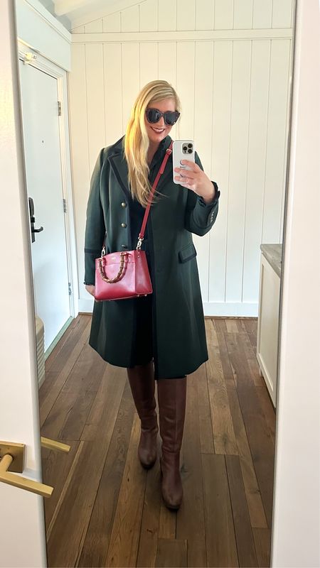 Another night of Christmas Prelude fun! —warmer jacket & layers. Green wool and navy coat, Blackwatch plaid ruffle shirt, navy cashmere vest, brown leather boots, red Italian leather crossbody bag

#LTKover40 #LTKHoliday #LTKsalealert
