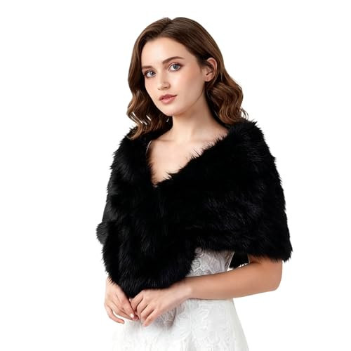 Barelove Women's Faux Fur Collar Scarf Wrap, Cold Winter Warm Stole Scarf Shawl Shrug Neck Warmer Wrap for Wedding Halloween Party (Black) | Amazon (US)