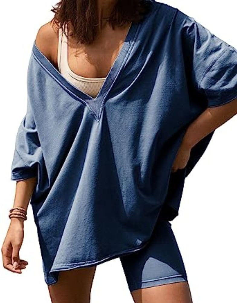 Womens 2 Piece Outfits Oversized Hot Shot Reversible set V Neck T Shirt Biker Shorts Workout Sets | Amazon (US)