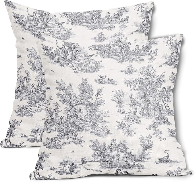 aportt French Country Pillow Covers Set of 2 22x22 Inch Vintage Toile Grey Cotton Linen Polyester... | Amazon (US)