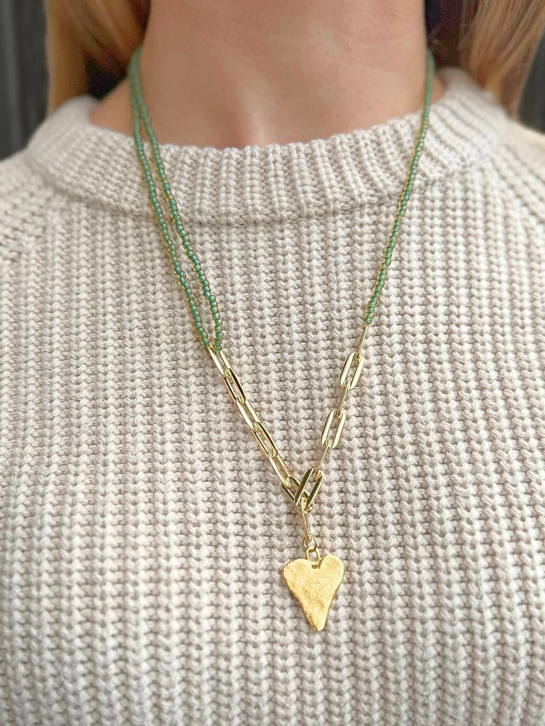 Three Strand Beaded and Chain Necklace With Charm - Etsy | Etsy (US)