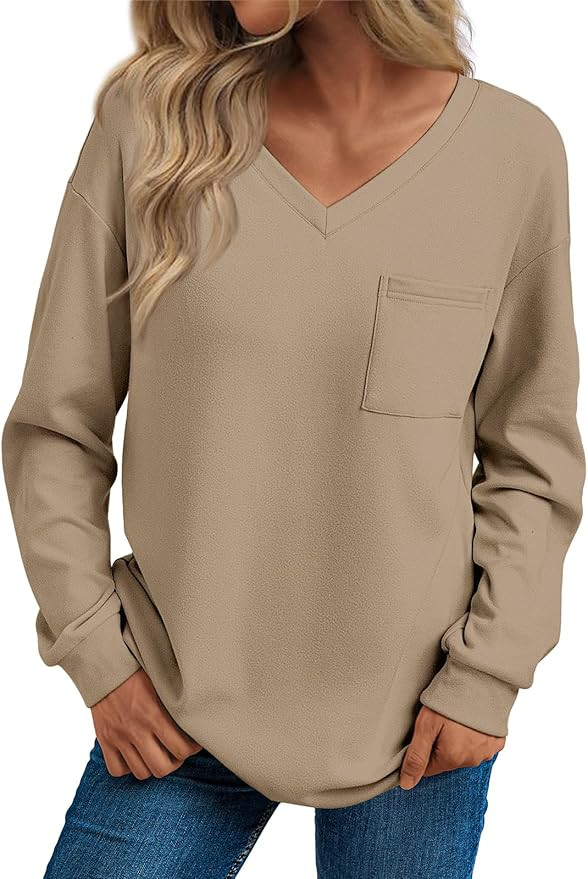 Trendy Queen Womens Long Sleeve Tops Casual Shirts V Neck Oversized Sweatshirts Fall Fashion Clot... | Amazon (US)