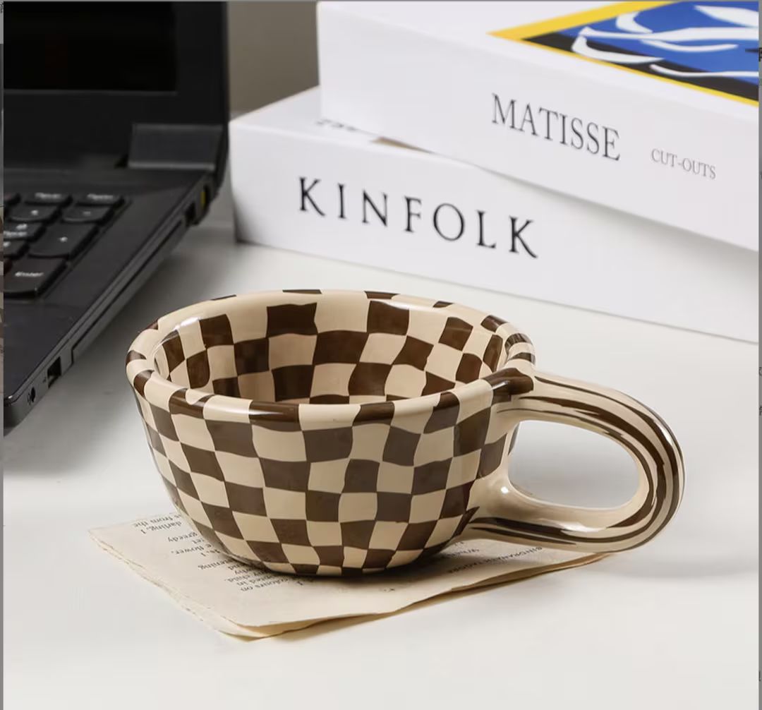 Cute Handmade Brown Checkered Ceramic Coffee Mug Japanese - Etsy | Etsy (US)