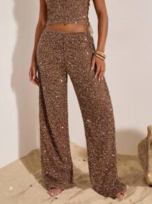 Opulessa Women's Extra Long Wide Leg Party Pants With Contrast Sequin Detail, Brown Sequin Wide L... | SHEIN
