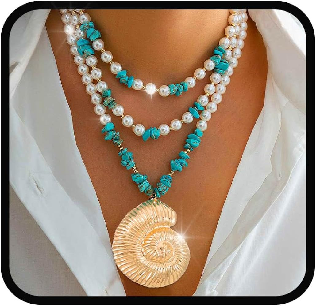 Yalice Chunky Pearl Beaded Necklace Boho Seashell Pendant Layered Chain Turquoise Statement Choke... | Amazon (US)