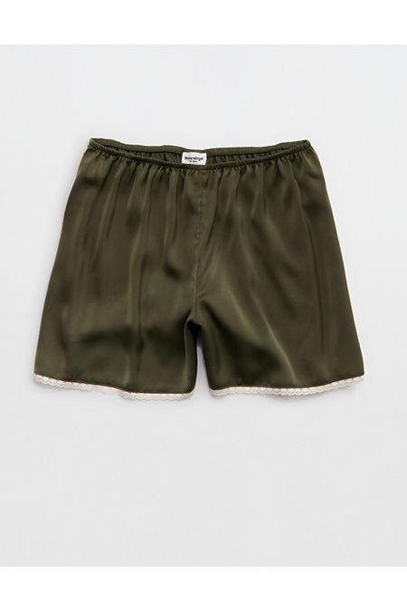 OVERSLEPT by Aerie Liquid Satin Lace Trim Short Women's Olive Fun XXS | Aerie