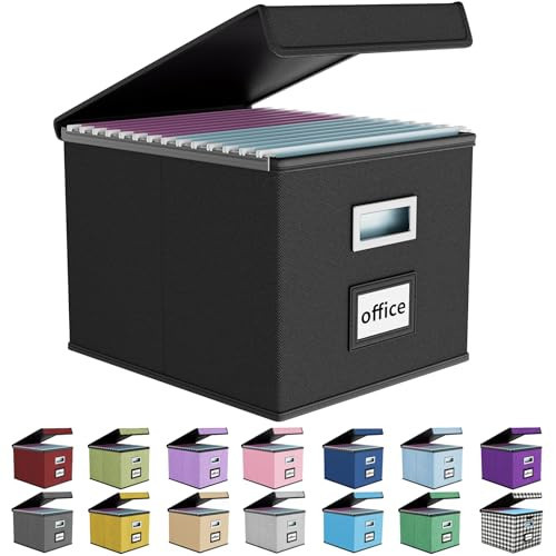 Huolewa Upgraded Portable File Organizer Box, Large Linen Hanging Office Document Storage Box with Lid - Black, Collapsible Filing & Storage Boxes for Office/Decor/Home - 14.9 x 12.59 x 10.8 inch | Amazon (US)