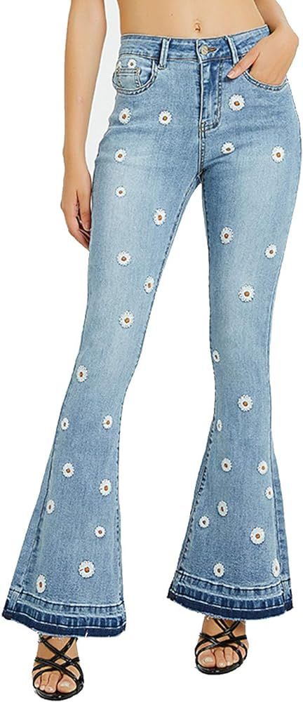 Anna-Kaci Womens Floral Daisy Embroidered Mid Rise Bell Bottom Flare Frayed Hem Jeans | Amazon (US)
