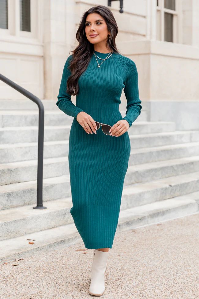 Timeless Beauty Teal Long Sleeve Midi Dress | Pink Lily