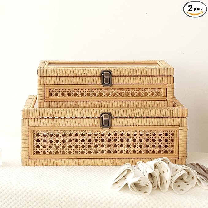 Rattan and Cane Stacking Boxes with Glass Top Lid - Set of 2 for Boho, and Rustic Farmhouse Decor | Amazon (US)