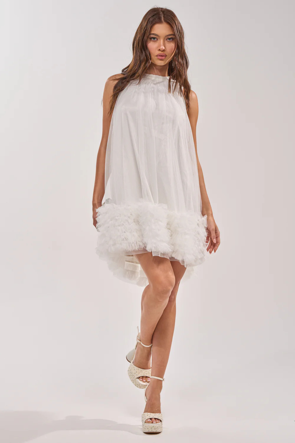 ARI TULLE RUFFLE MINI DRESS IN WHITE | AKIRA