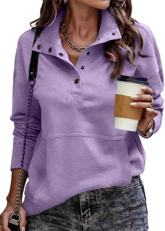 SHEWIN Women's Casual Long Sleeve Stand Neck Sweatshirt Lightweight Button Drawstring Pullover To... | Amazon (US)